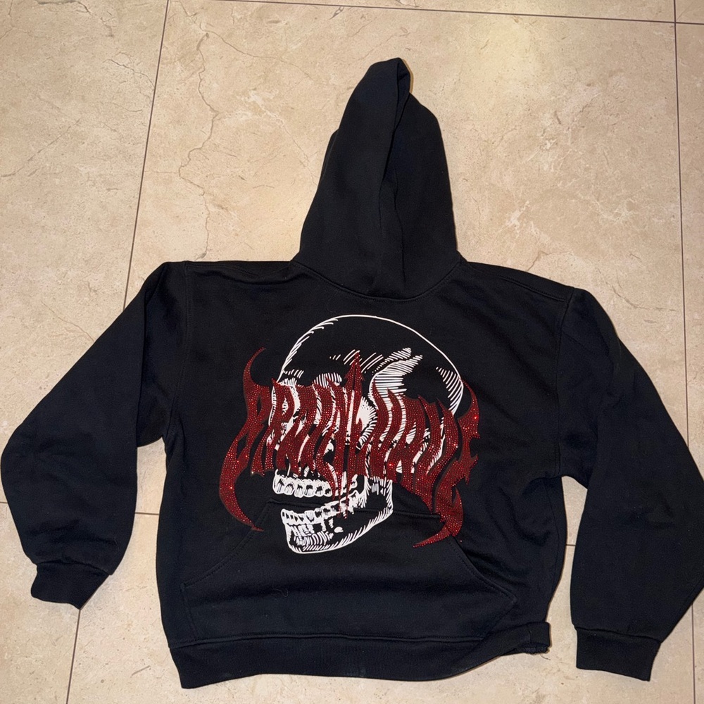 PacSun Black Crewneck Hoodie with Red Flame Skull Graphic